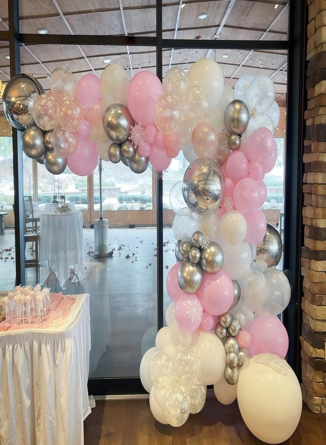 Froova Pink and Silver Balloons, 60Pcs Winter Onederland Party Decorations, Pastel Light Pink Pearl White Metallic Silver Latex Balloon with Snowflake Balloon for Winter Wonderland Baby Shower Birthday Decor - Image 3